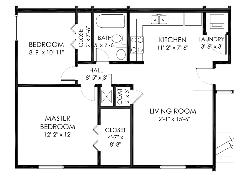 Floor plan for 2 beds, 1 bath, 720 sqft